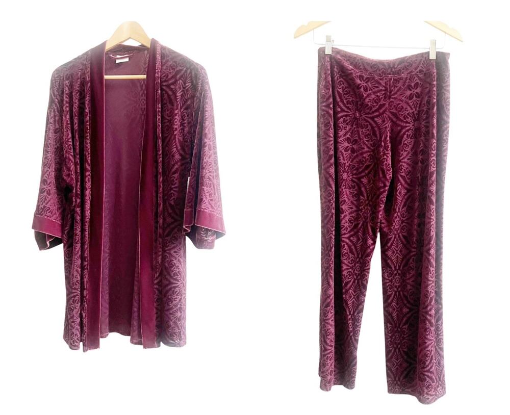 Soma Burnout Pajama Set Women's S/M Merlot Velvet Open Front Luxury Loungewear
